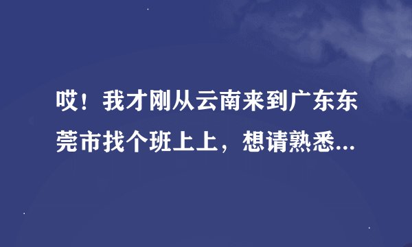 哎！我才刚从云南来到广东东莞市找个班上上，想请熟悉的东莞沙田镇的朋友介绍好的厂给我参考哈，谢谢合作