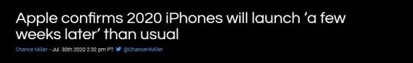苹果：iPhone12将推迟数周供应 iPhone延续强势表现