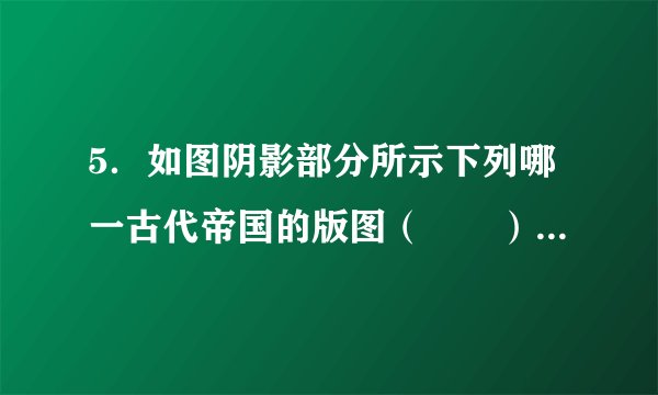 5．如图阴影部分所示下列哪一古代帝国的版图（　　）A．波斯帝国	B．亚历山大帝国	C．罗马帝国	D．阿拉伯帝国