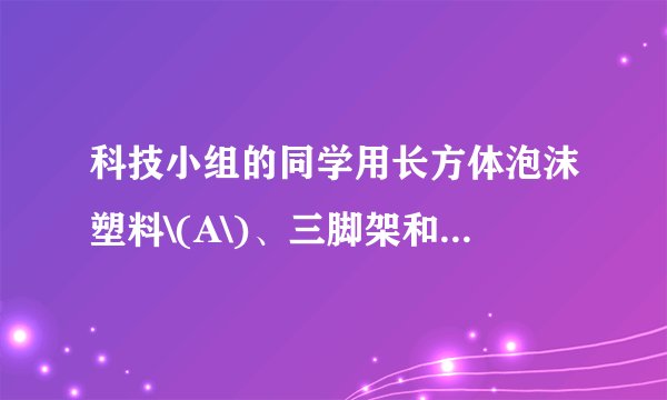 科技小组的同学用长方体泡沫塑料\(A\)、三脚架和灯泡等制作了一个如图所示的航标灯模型，模型总重为\(4N\)，\(A\)底部与浮子\(B\)用细绳相连，浮子\(B\)重\(0.5N.\)水位上升时，浮子\(B\)下降；水位下降时，浮子\(B\)上升，使航标灯始终竖立在水面。若\(A\)静止时排开水的体积保持\(500cm ^{3}\)不变，不计绳重和绳与滑轮间的摩擦，\(g\)取\(10N/kg\)。求：\((1)\)泡沫塑料\(A\)受到的浮力；\((2)\)浮子\(B\)体积的大小。