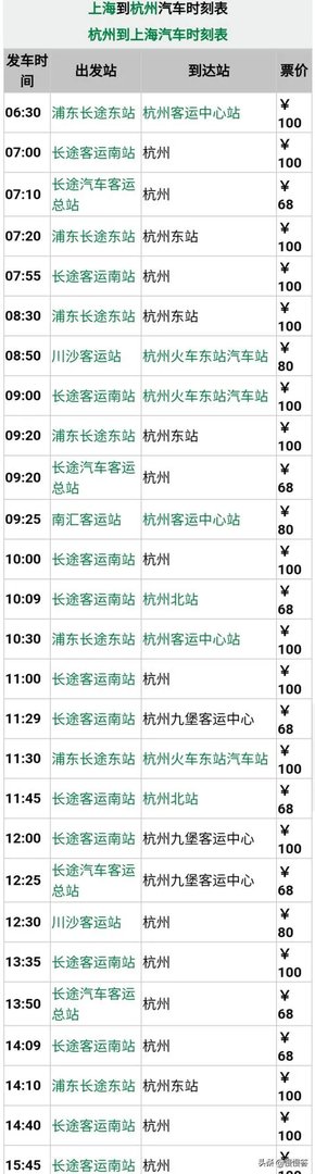 上海到杭州的各班次汽车时刻表？