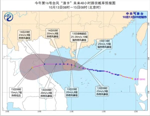 第16号台风实时路径图今天 台风浪卡今天傍晚正式登陆海南